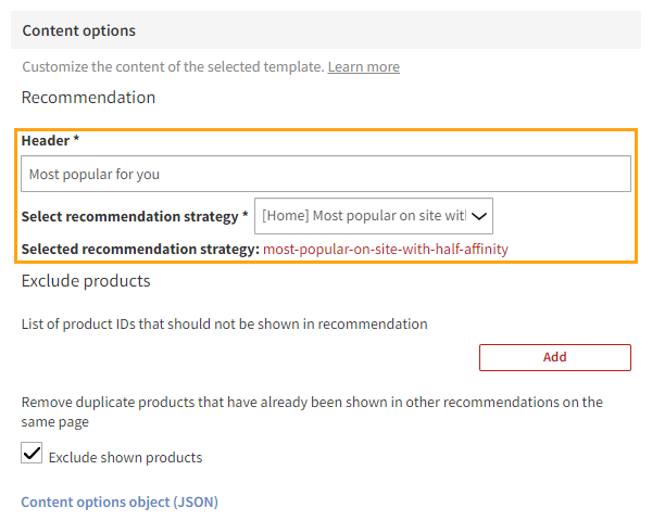 Defining the content for the recommendation modification